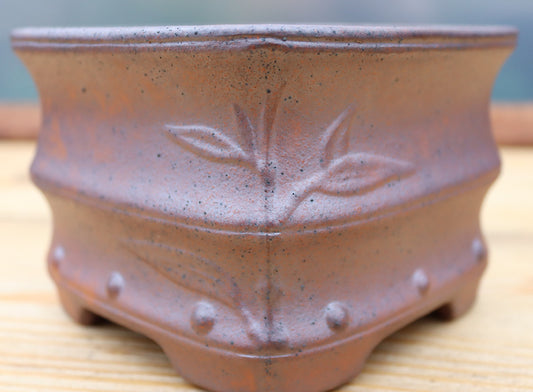 A close-up of an unglazed ceramic bonsai pot with a textured, speckled finish and embossed bamboo leaf details.