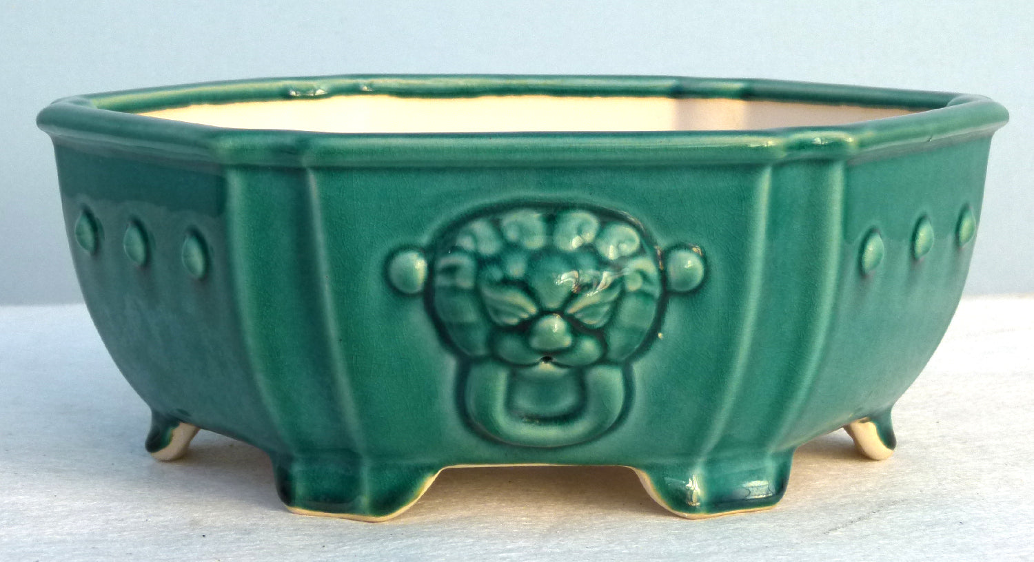 Exhibition Quality Hexagonal Copper Green Glazed Bonsai Pot - 12