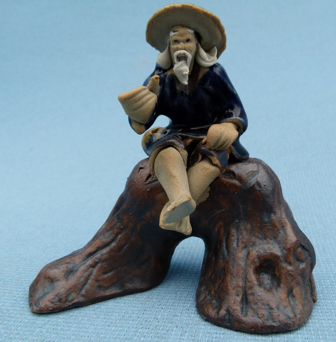 bonsai tree with fisherman Chinese Shiwan Figure Large Fisherman On A Tree Stump – Kaizen Bonsai