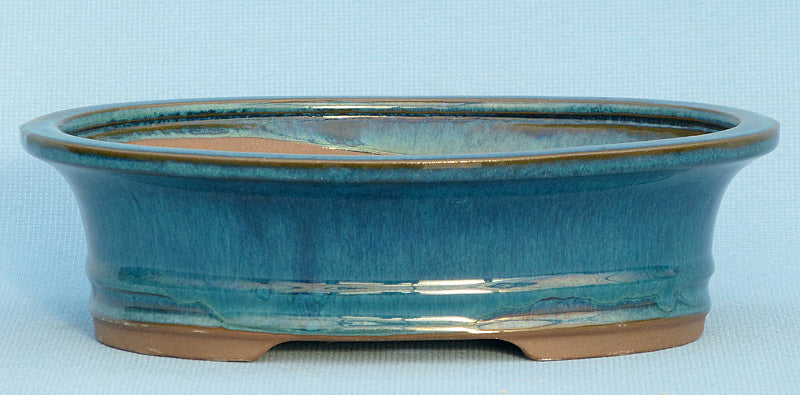 Blue Glazed Oval Bonsai Pot - 10"