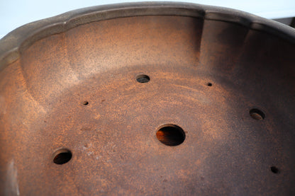 Close-up of the inside of a bonsai bowl or planter with multiple drainage holes, showing a textured brown and orange surface.