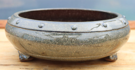 Olive Grey Drum Style Bonsai Pot with Rivet Detail