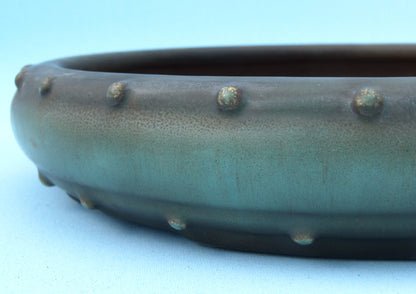 Teal ceramic pot with raised bumps on a light blue background