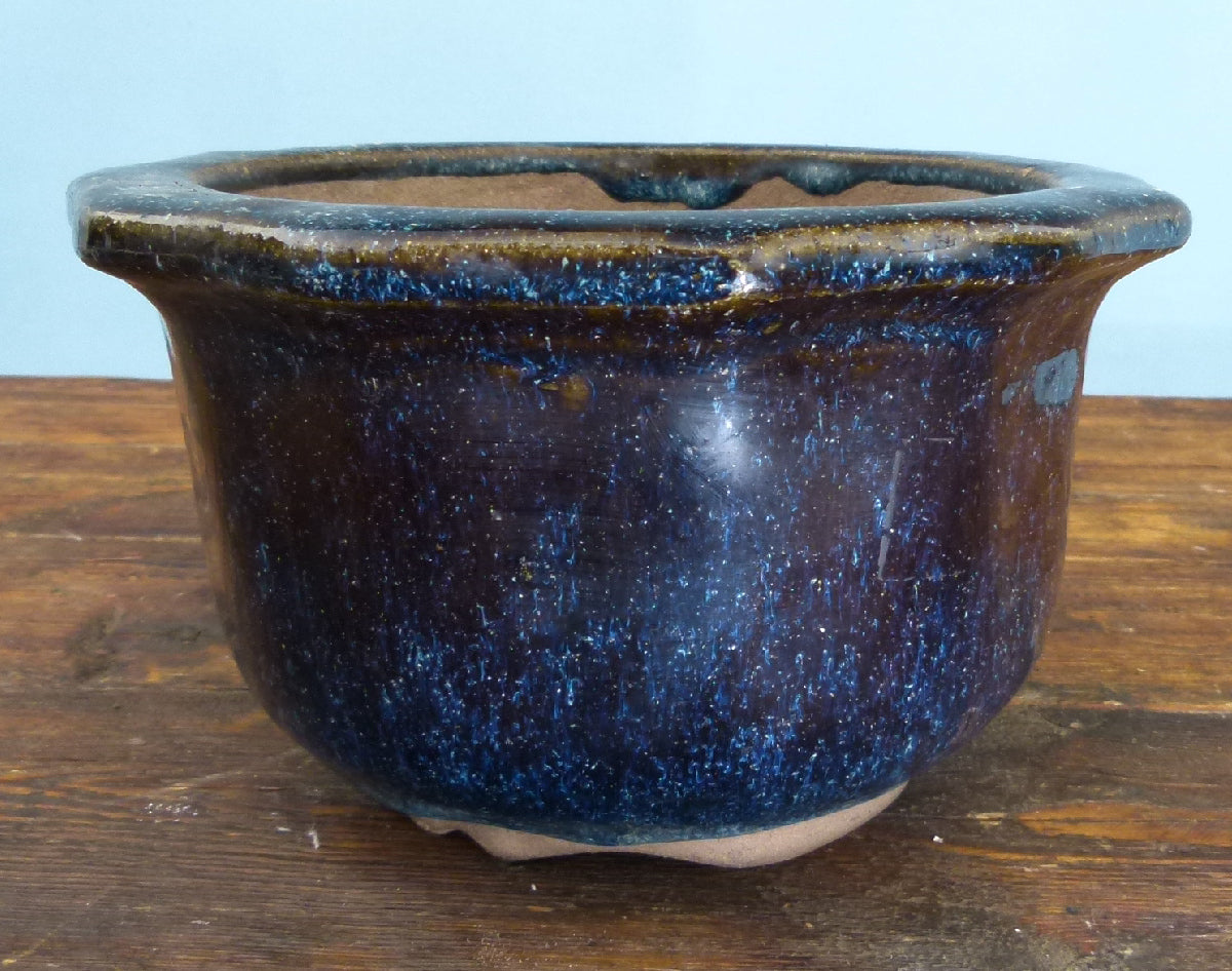 Blue Glazed Deep Round Bonsai Pot - Used