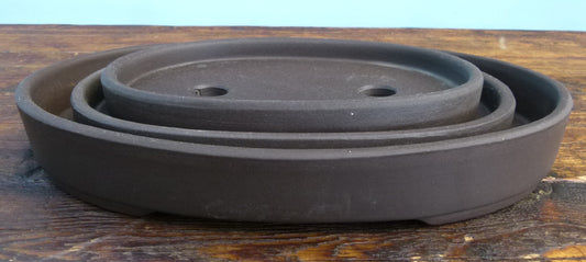 Japanese Unglazed Shallow Oval Bonsai Pot Set x 3 - Used