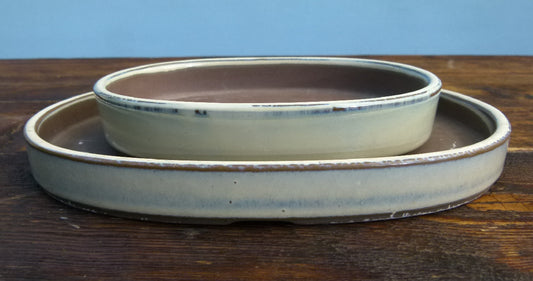 Japanese glazed Shallow Oval Bonsai Pot Set x 2 - Used