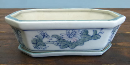 Glazed Rectangular Porcelain Bonsai Pot & Drip Tray - USED