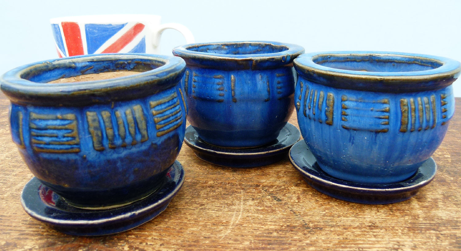 Used Glazed Bonsai Pots With Trays x 3 - CLEARANCE