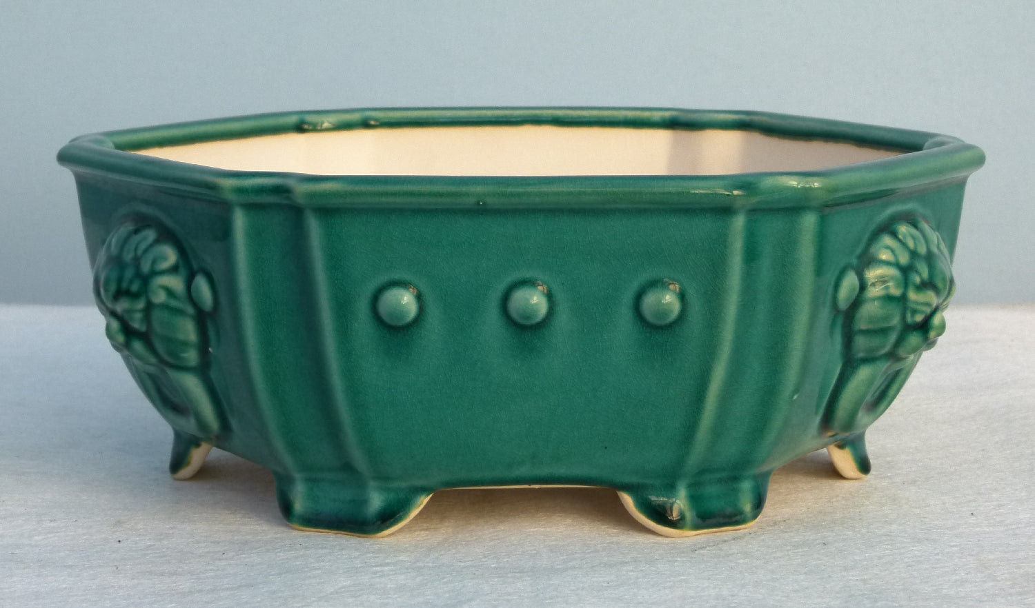 Exhibition Quality Hexagonal Copper Green Glazed Bonsai Pot - 12"