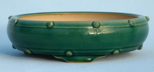 Exhibition Quality Copper Green Glazed Round Drum Style Bonsai Pot - 8.5"